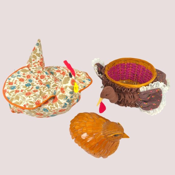 Vintage 1970s Chicken Baskets 3 Turkey Chick Calico Floral Wicker Lace Quilting - Picture 1 of 16